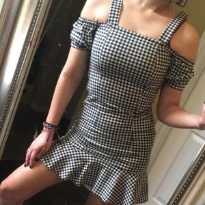 Fitted Off-Shoulder Gingham Emo Flare Dress